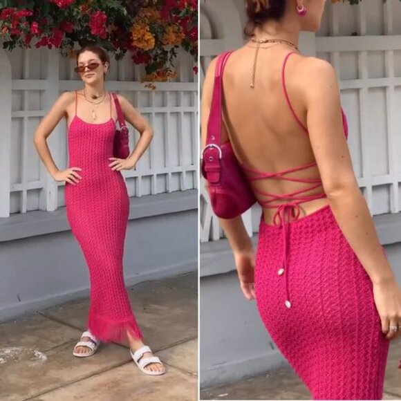 CAPITTANA Ali Knit Midi Cover-Up DRESS XS/S M/L Fuchsia Pink Fringe Hem NEW $180